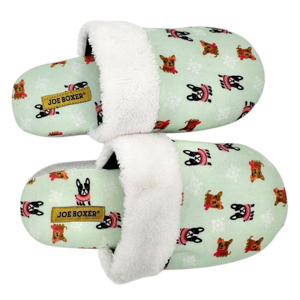 Joe Boxer Womens Faux Fur Slippers Mint Green French Bulldog Print Size 9/10